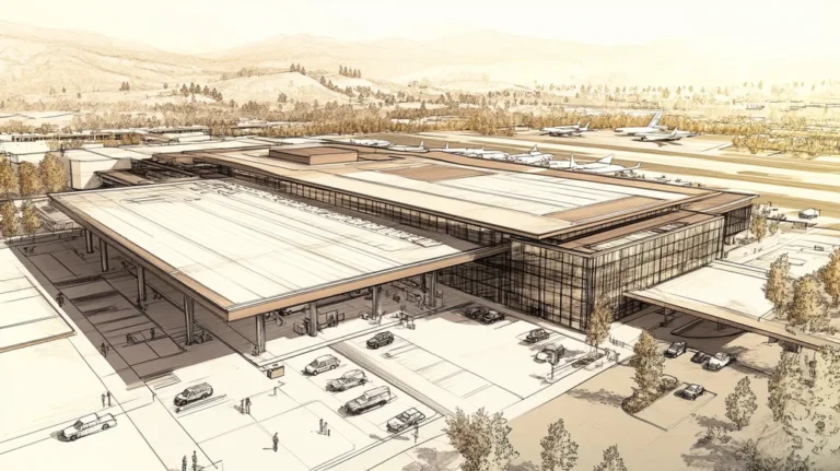 A commercial roof on an airport terminal in a location similar to Aspen with an architectural sketch rendering aesthetic (AI image)