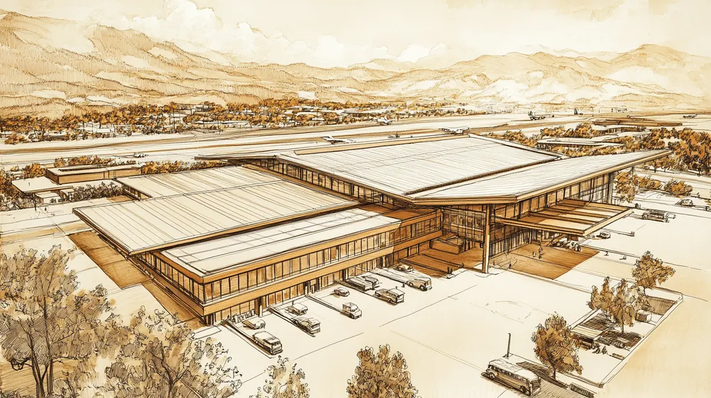 A commercial roof on an airport terminal in a location similar to Aspen with an architectural sketch rendering aesthetic (AI image)