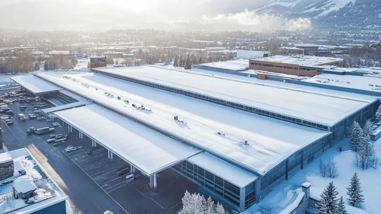A commercial roof on an airport terminal in a location similar to Aspen with a snowy day aesthetic (AI image)