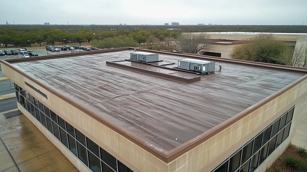 A commercial roof on a bank in a location similar to Dallas with a rainy day aesthetic (AI image)