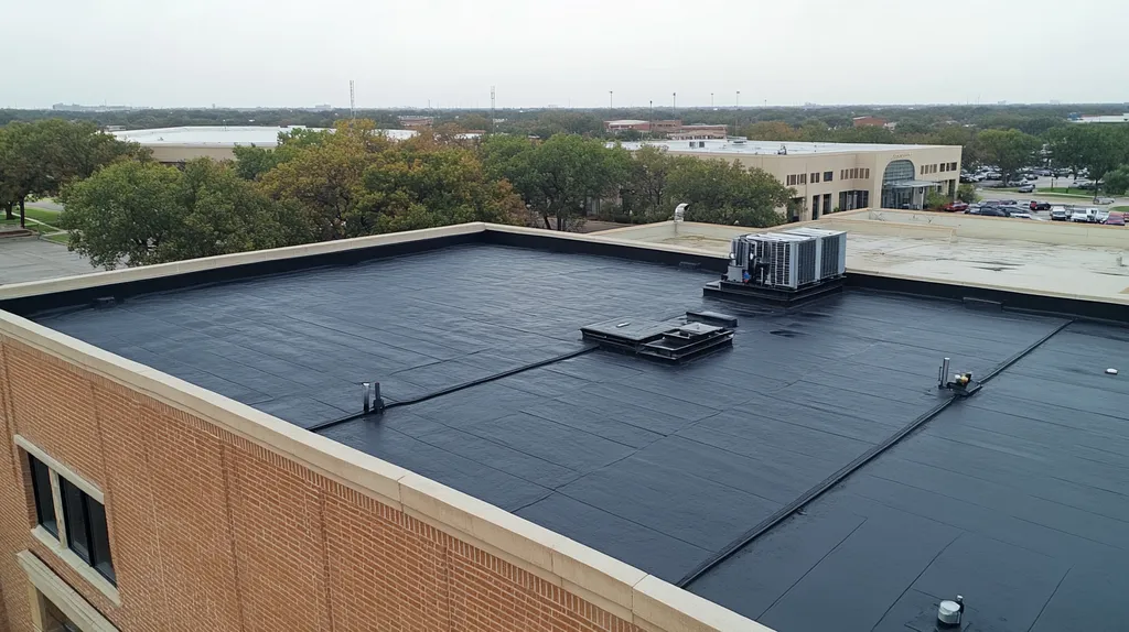 A commercial roof on a bank in a location similar to Dallas with a rainy day aesthetic (AI image)