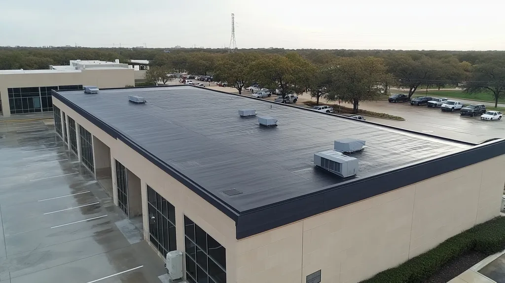 A commercial roof on a bank in a location similar to Dallas with a rainy day aesthetic (AI image)