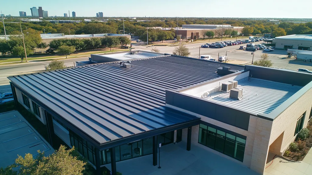 A commercial roof on a bank in a location similar to Dallas with a stainless steel aesthetic (AI image)