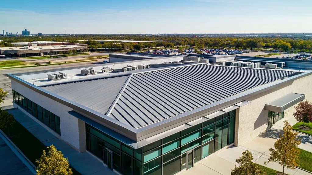A commercial roof on a bank in a location similar to Dallas with a stainless steel aesthetic (AI image)