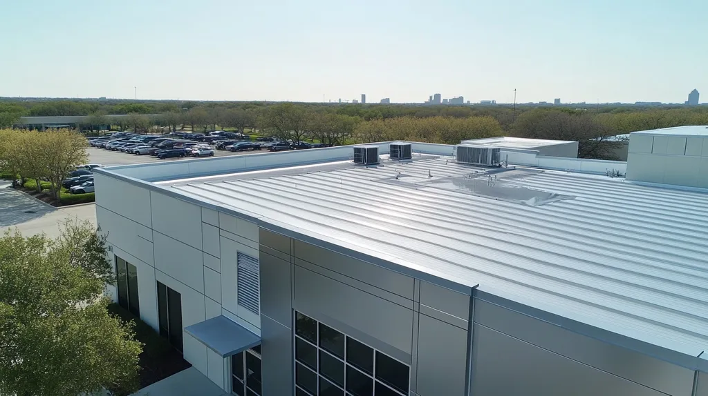 A commercial roof on a bank in a location similar to Dallas with a stainless steel aesthetic (AI image)