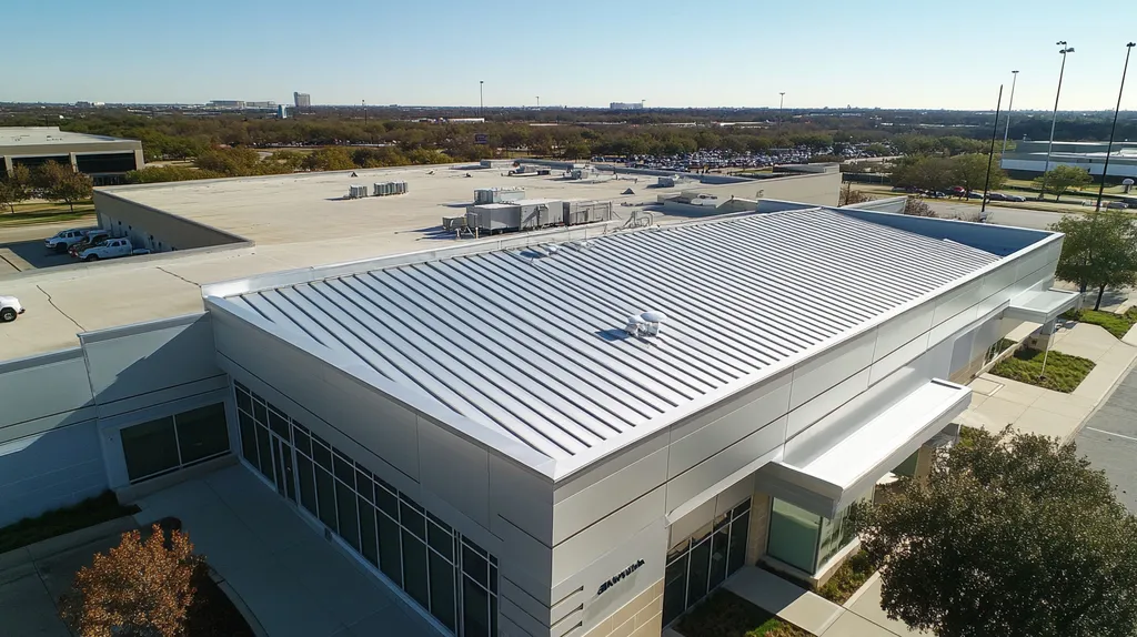 A commercial roof on a bank in a location similar to Dallas with a stainless steel aesthetic (AI image)