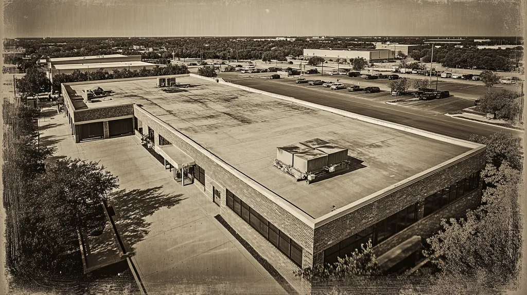 A commercial roof on a bank in a location similar to Dallas with a tintype aesthetic (AI image)