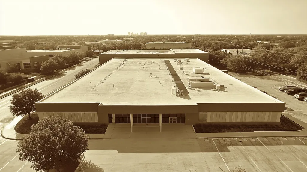 A commercial roof on a bank in a location similar to Dallas with a tintype aesthetic (AI image)