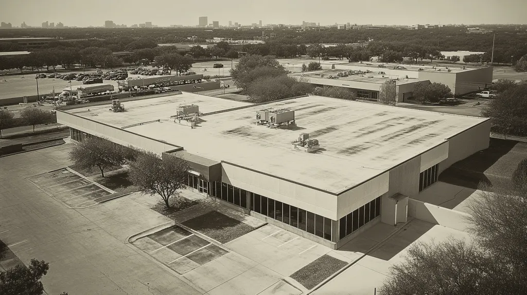 A commercial roof on a bank in a location similar to Dallas with a tintype aesthetic (AI image)