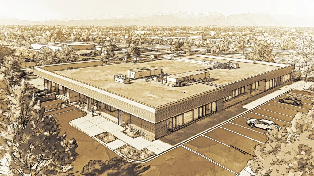 A commercial roof on a bank in a location similar to Denver with an architectural sketch rendering aesthetic (AI image)
