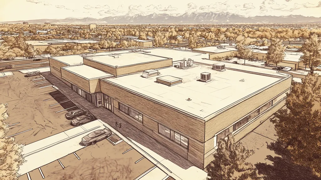 A commercial roof on a bank in a location similar to Denver with an architectural sketch rendering aesthetic (AI image)