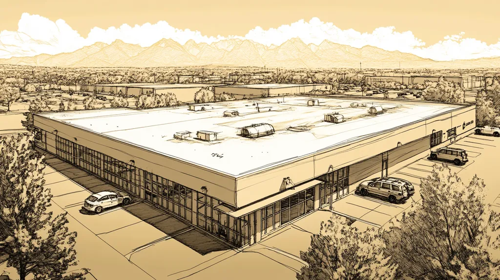 A commercial roof on a bank in a location similar to Denver with an architectural sketch rendering aesthetic (AI image)