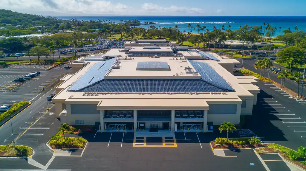 A commercial roof on a bank in a location similar to Honolulu with an architectural photography aesthetic (AI image)