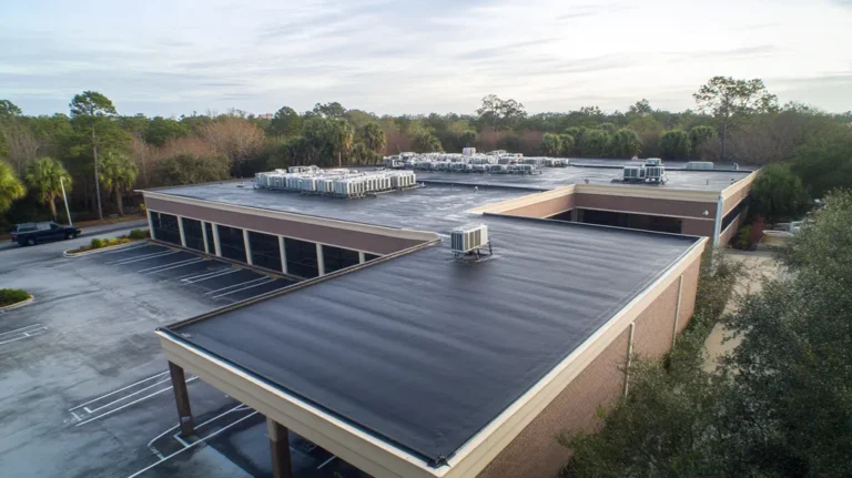 A commercial roof on a call center in a location similar to Charleston with a rainy day aesthetic (AI image)