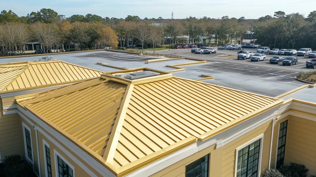 A commercial roof on a call center in a location similar to Charleston with a solid gold aesthetic (AI image)
