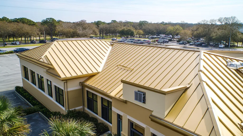 A commercial roof on a call center in a location similar to Charleston with a solid gold aesthetic (AI image)