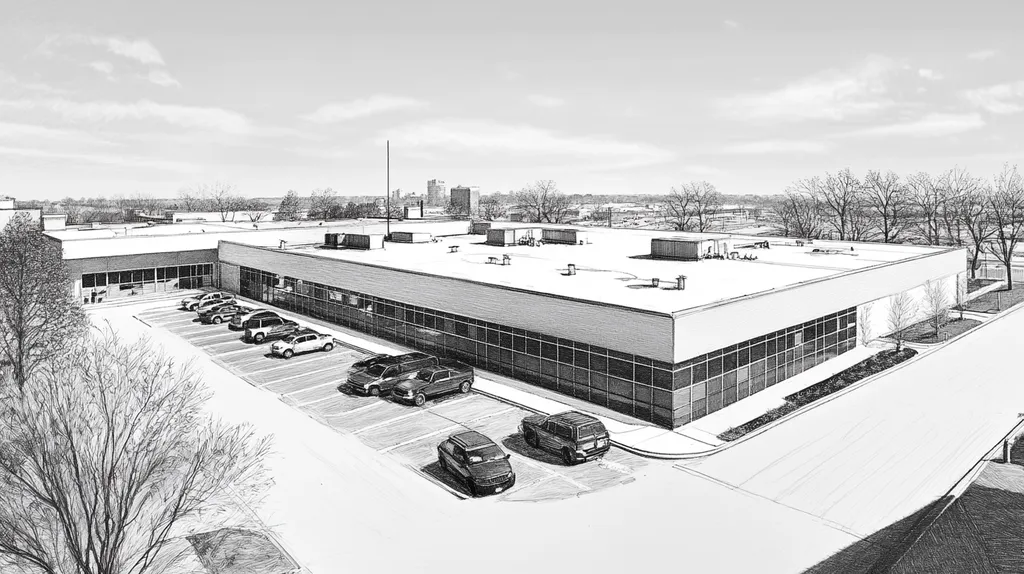 A commercial roof on a call center in a location similar to Chicago with a charcoal sketch aesthetic (AI image)