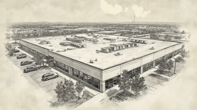 A commercial roof on a call center in a location similar to Chicago with a charcoal sketch aesthetic (AI image)