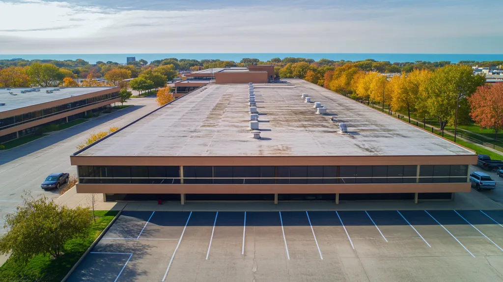 A commercial roof on a call center in a location similar to Chicago with a cross-processed look aesthetic (AI image)