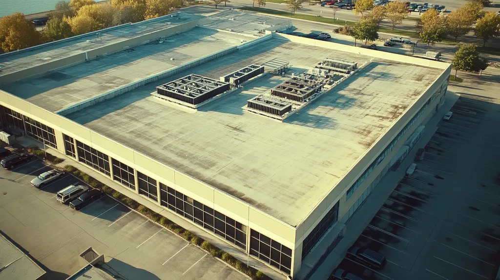 A commercial roof on a call center in a location similar to Chicago with a cross-processed look aesthetic (AI image)