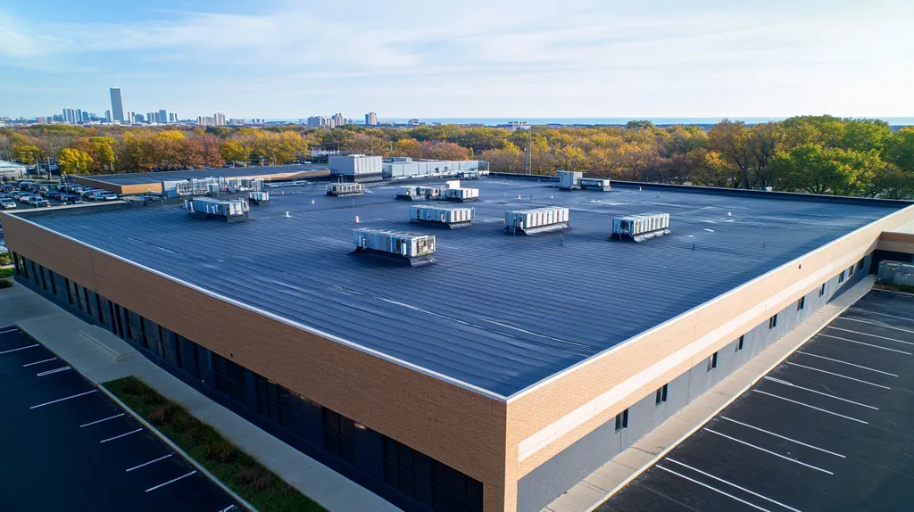 A commercial roof on a call center in a location similar to Chicago with a cross-processed look aesthetic (AI image)