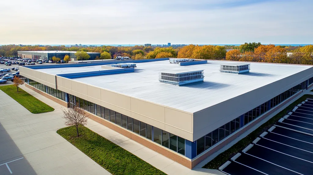 A commercial roof on a call center in a location similar to Chicago with a cross-processed look aesthetic (AI image)