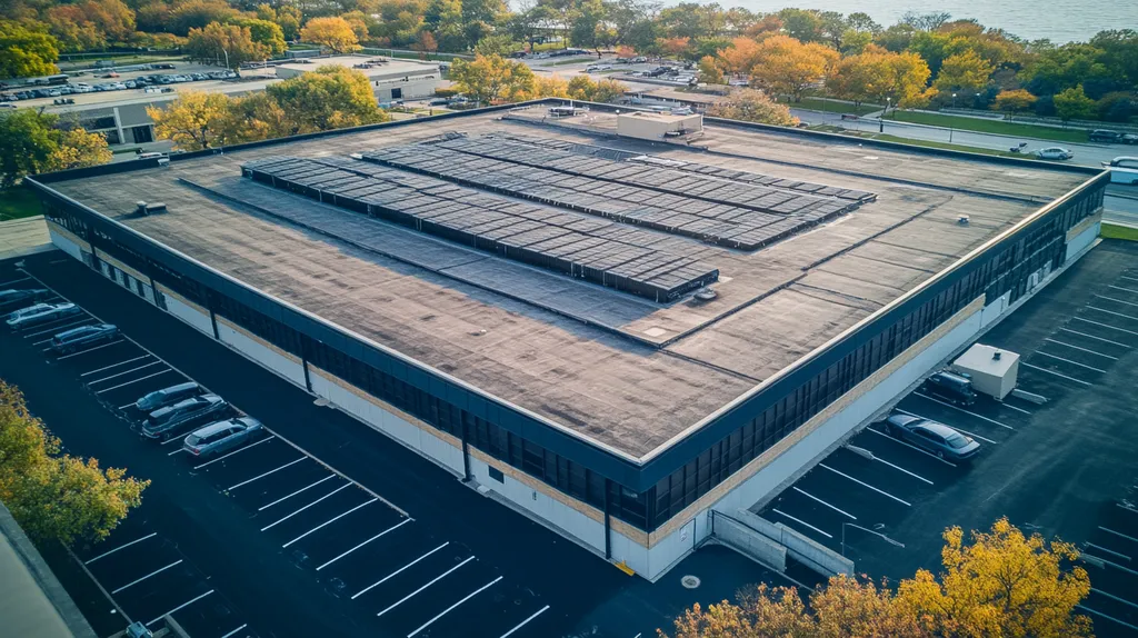 A commercial roof on a call center in a location similar to Chicago with a cross-processed look aesthetic (AI image)