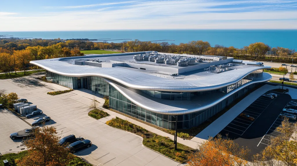 A commercial roof on a call center in a location similar to Chicago with a futuristic aesthetic (AI image)