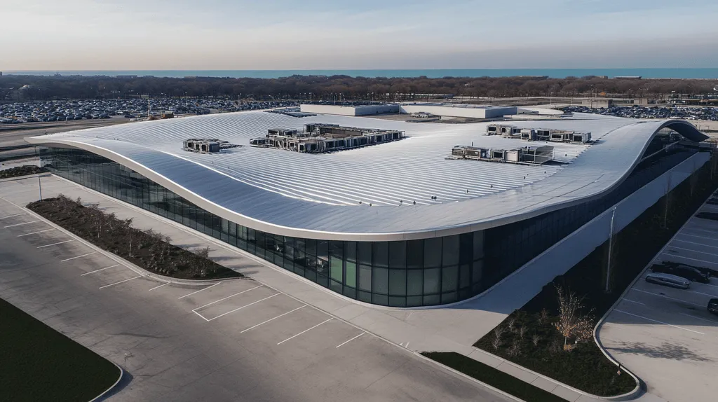 A commercial roof on a call center in a location similar to Chicago with a futuristic aesthetic (AI image)