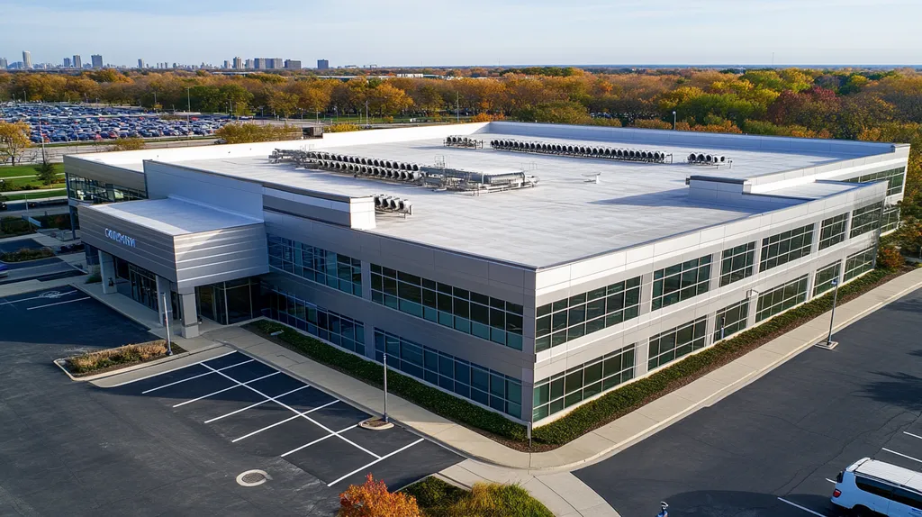A commercial roof on a call center in a location similar to Chicago with a stainless steel aesthetic (AI image)