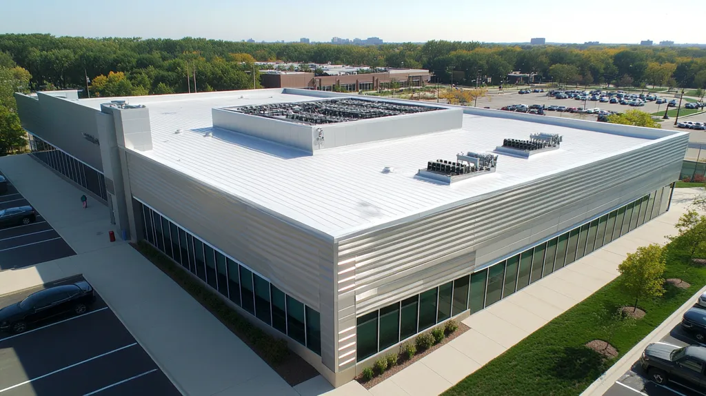A commercial roof on a call center in a location similar to Chicago with a stainless steel aesthetic (AI image)