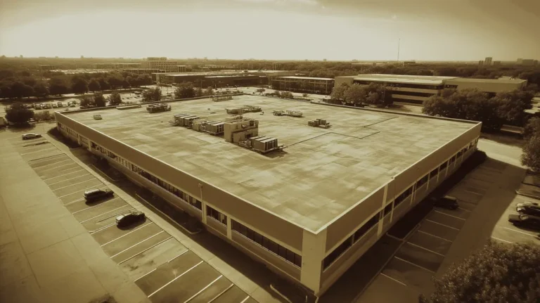 A commercial roof on a call center in a location similar to Chicago with a tintype aesthetic (AI image)
