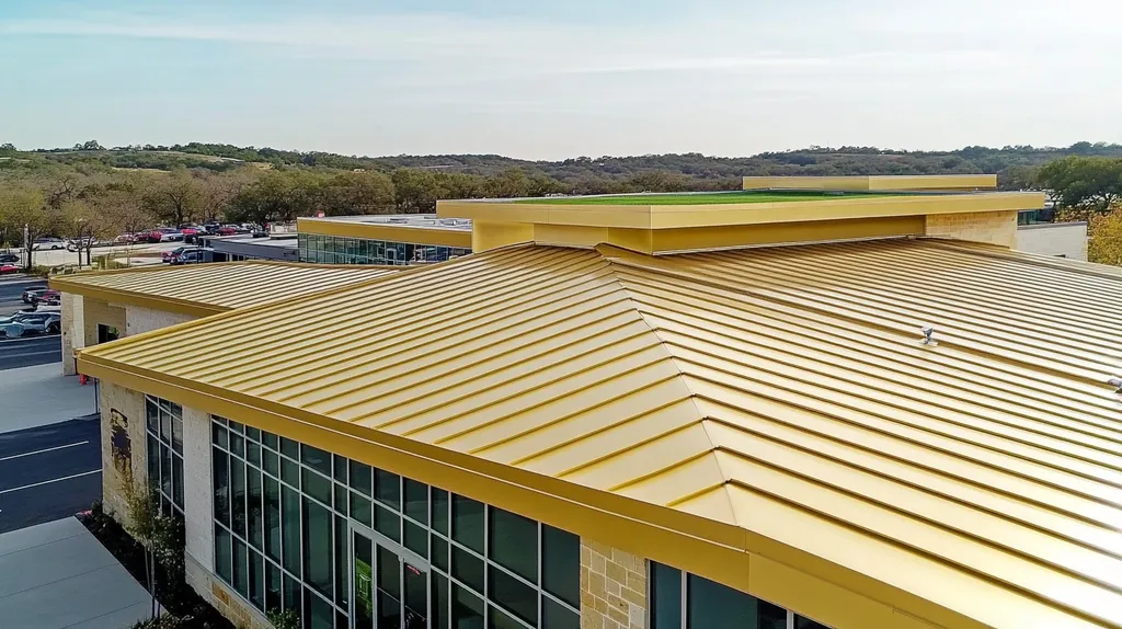 A commercial roof on a community recreation center in a location similar to Austin with a solid gold aesthetic (AI image)