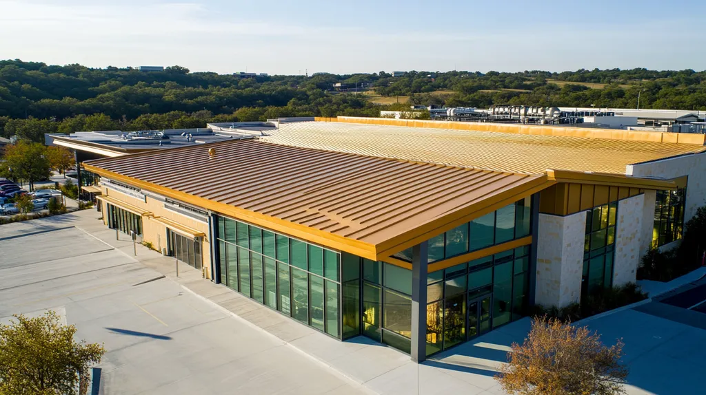 A commercial roof on a community recreation center in a location similar to Austin with a solid gold aesthetic (AI image)