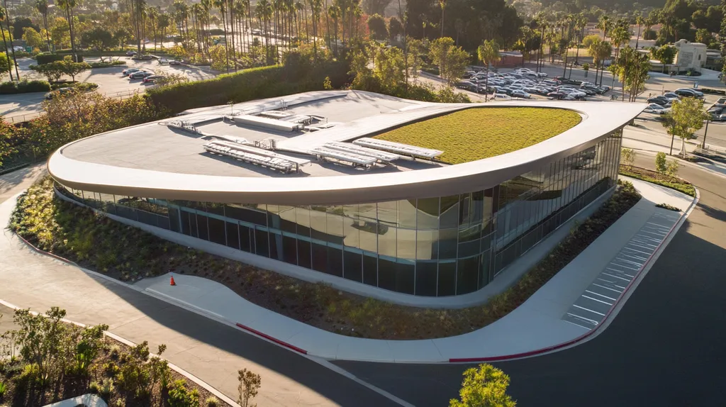 A commercial roof on a community recreation center in a location similar to Beverly Hills with a futuristic aesthetic (AI image)
