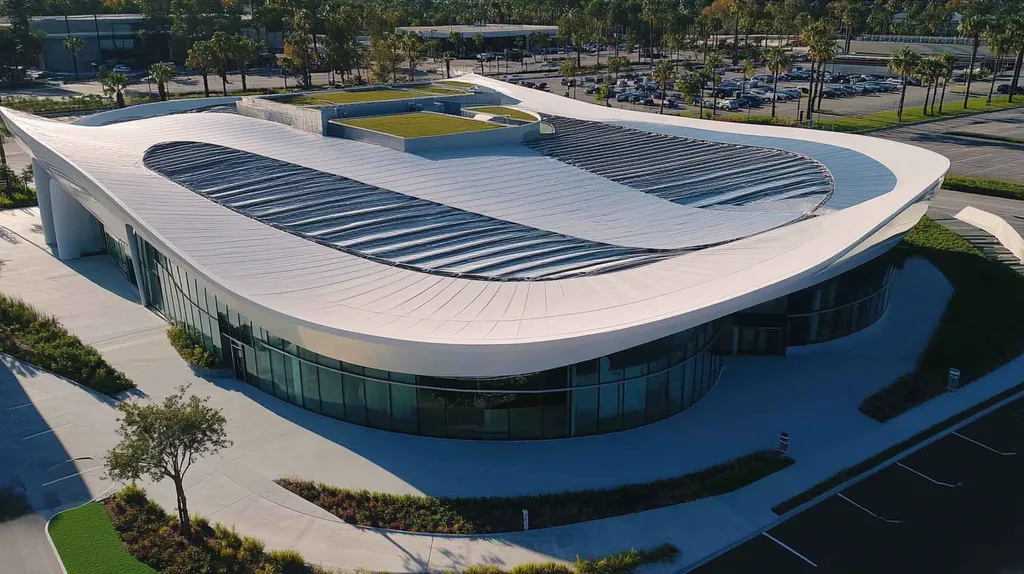 A commercial roof on a community recreation center in a location similar to Beverly Hills with a futuristic aesthetic (AI image)