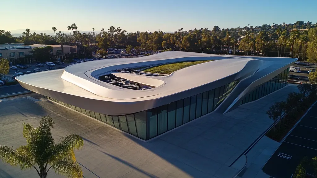 A commercial roof on a community recreation center in a location similar to Beverly Hills with a futuristic aesthetic (AI image)