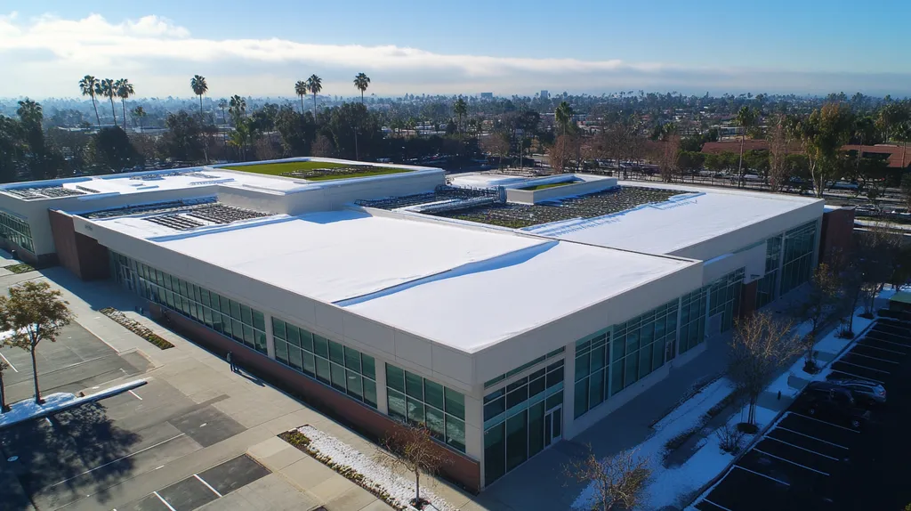 A commercial roof on a community recreation center in a location similar to Beverly Hills with a snowy day aesthetic (AI image)