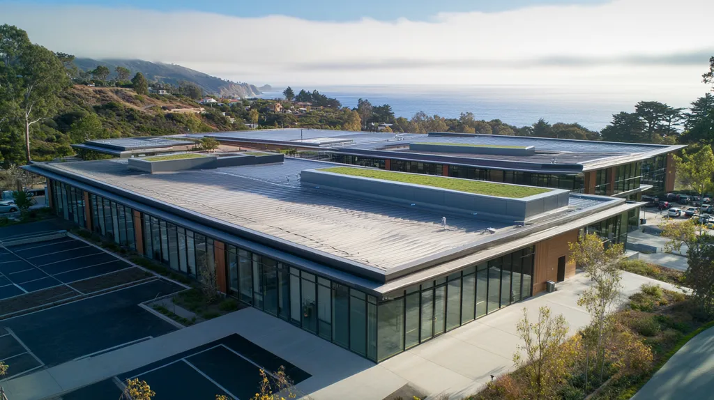 A commercial roof on a community recreation center in a location similar to Big Sur with a color highlight aesthetic (AI image)
