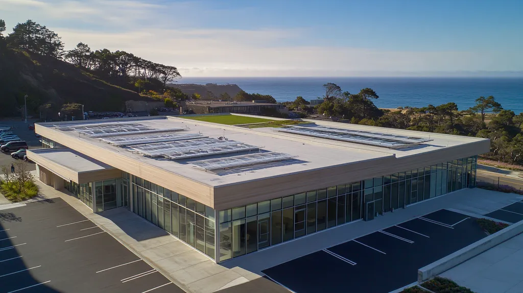A commercial roof on a community recreation center in a location similar to Big Sur with a color highlight aesthetic (AI image)