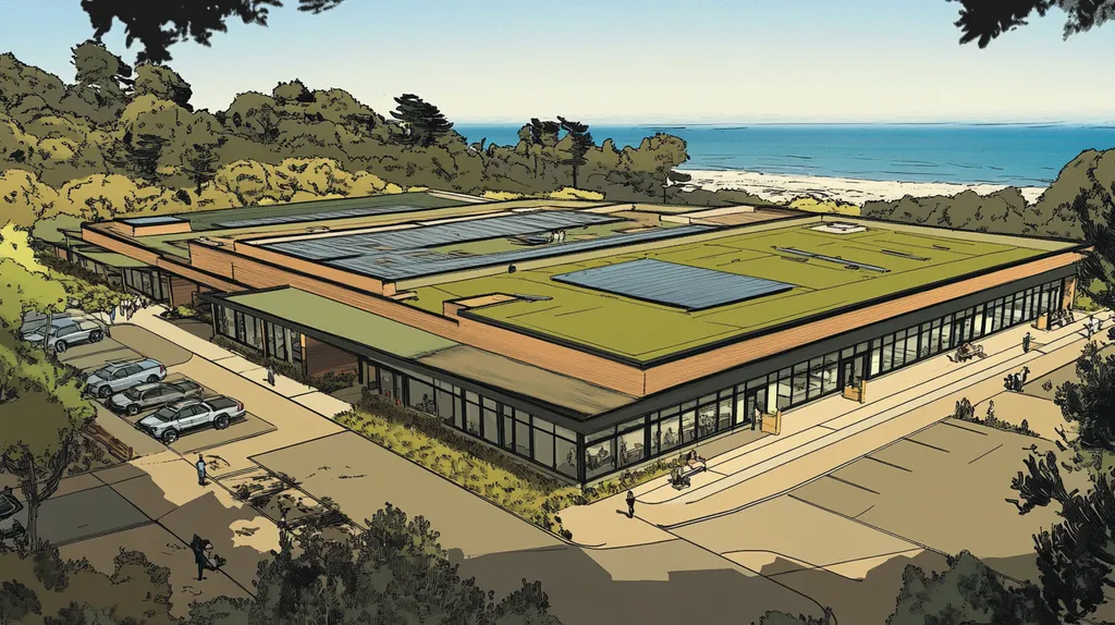 A commercial roof on a community recreation center in a location similar to Big Sur with a comic book style aesthetic (AI image)