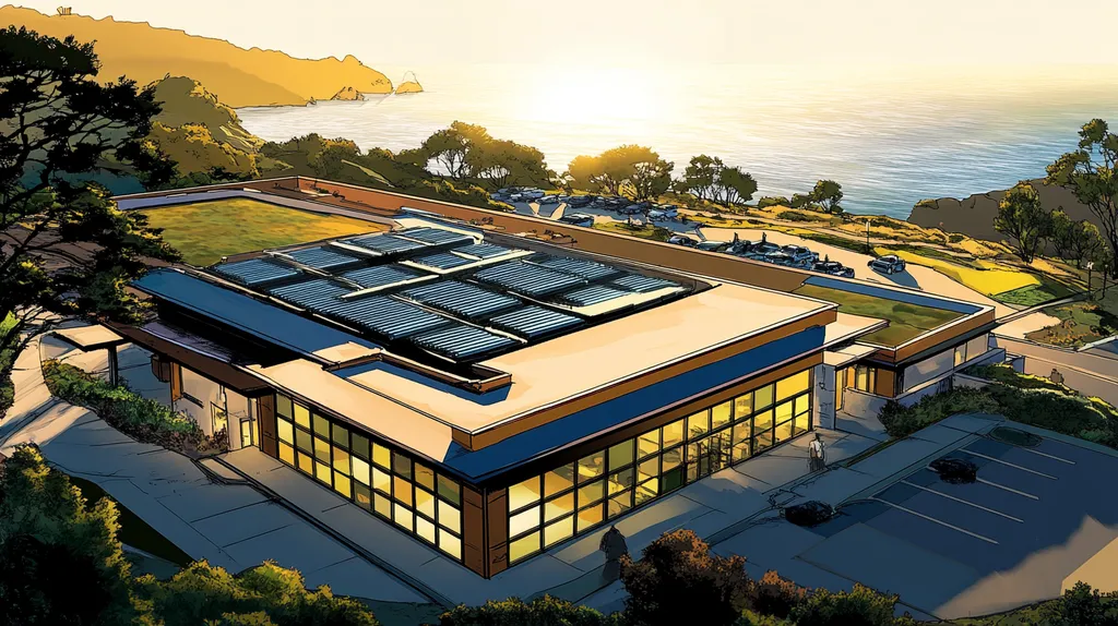 A commercial roof on a community recreation center in a location similar to Big Sur with a comic book style aesthetic (AI image)