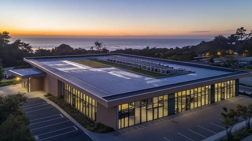 A commercial roof on a community recreation center in a location similar to Big Sur with an illuminated nightscape aesthetic (AI image)