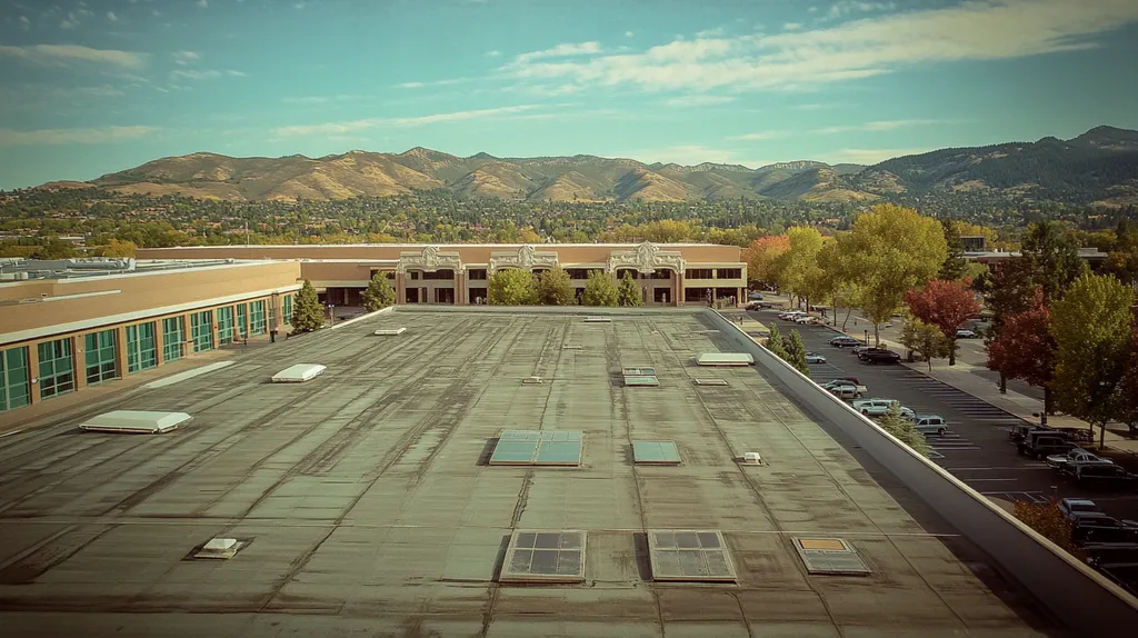 A commercial roof on a convention center in a location similar to Boulder with a Polaroid aesthetic (AI image)