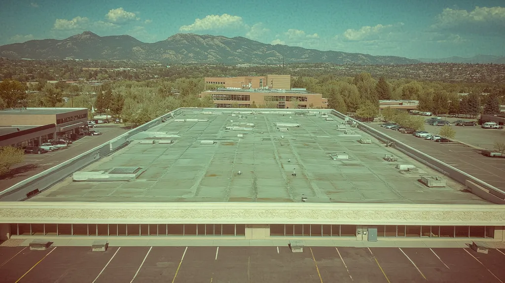 A commercial roof on a convention center in a location similar to Boulder with a Polaroid aesthetic (AI image)