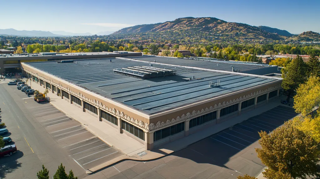 A commercial roof on a convention center in a location similar to Boulder with a cross-processed look aesthetic (AI image)