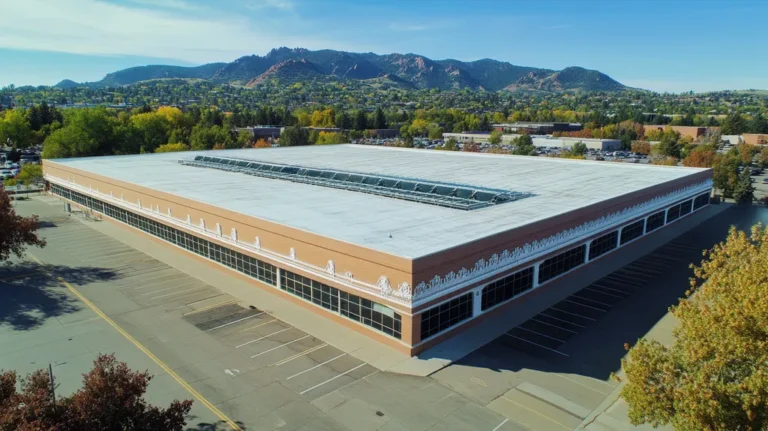 A commercial roof on a convention center in a location similar to Boulder with a cross-processed look aesthetic (AI image)