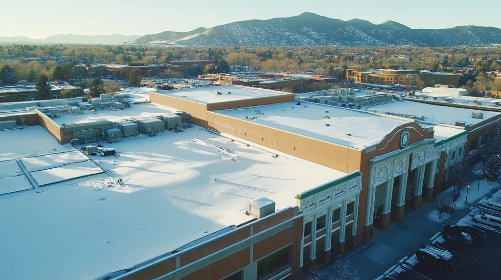 A commercial roof on a convention center in a location similar to Boulder with a snowy day aesthetic (AI image)