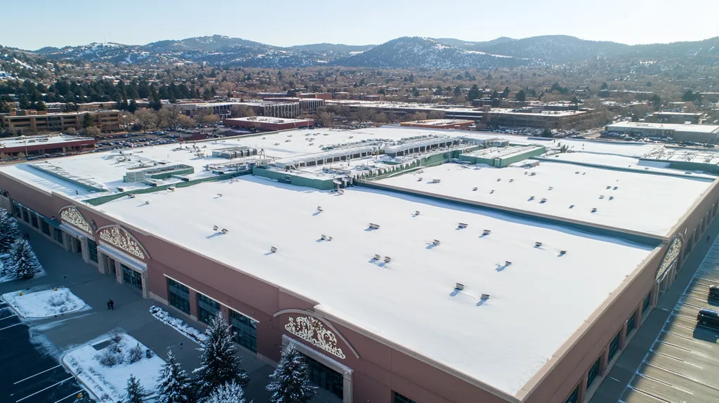 A commercial roof on a convention center in a location similar to Boulder with a snowy day aesthetic (AI image)