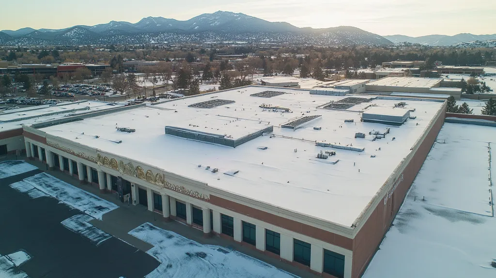 A commercial roof on a convention center in a location similar to Boulder with a snowy day aesthetic (AI image)